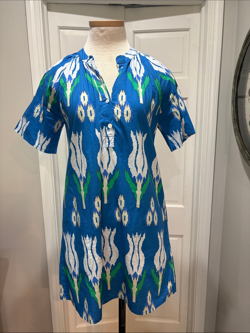 Oliphant sz XS blue and green 100% cotton popover dress